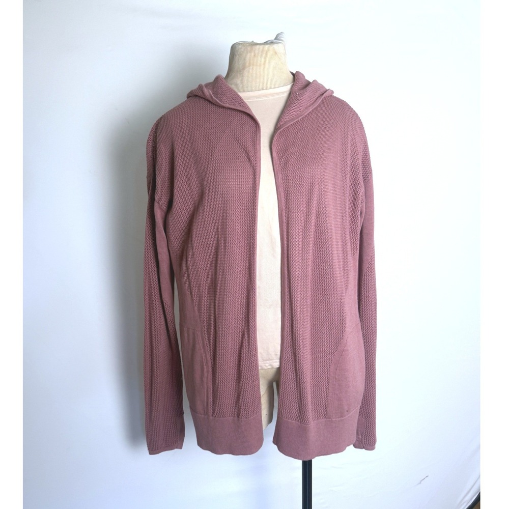 Lululemon Open Front Hooded Cardigan Mesh Knit Mauve Pink Sweater Pockets